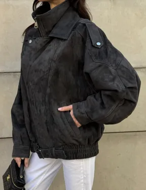 Бомбер оверсайз из замши Grey с двойным воротником и карманами