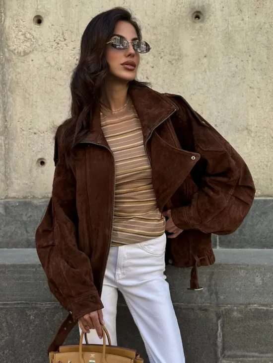 Винтажная куртка - бомбер из замши в коричневом цвете