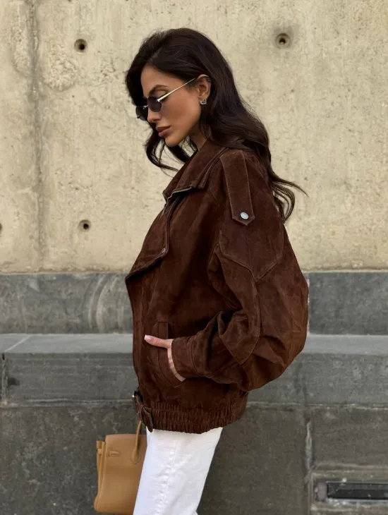 Винтажная куртка - бомбер из замши в коричневом цвете