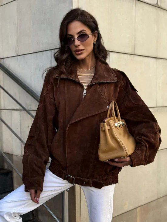 Винтажная куртка - бомбер из замши в коричневом цвете