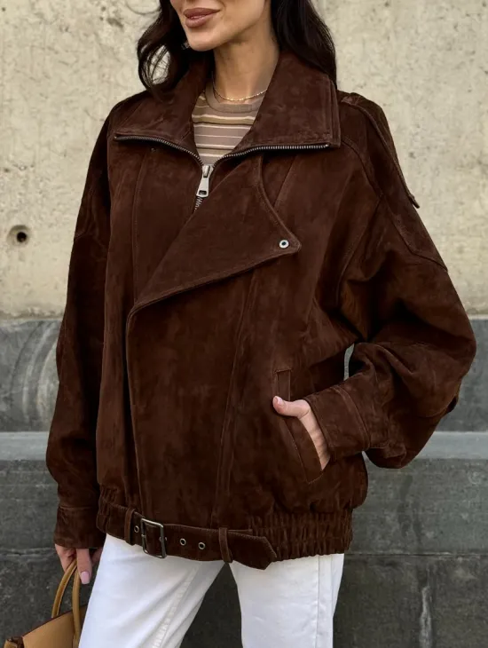 Винтажная куртка - бомбер из замши в коричневом цвете