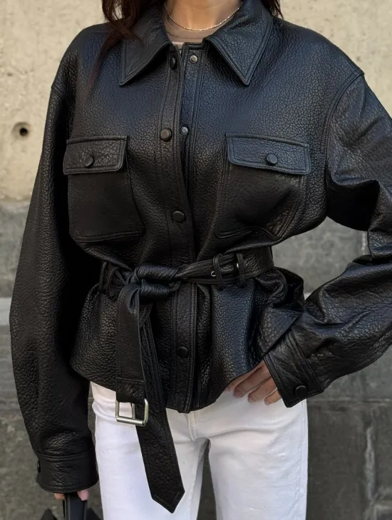 Красивая черная кожаная куртка - рубашка из кожи Joomba