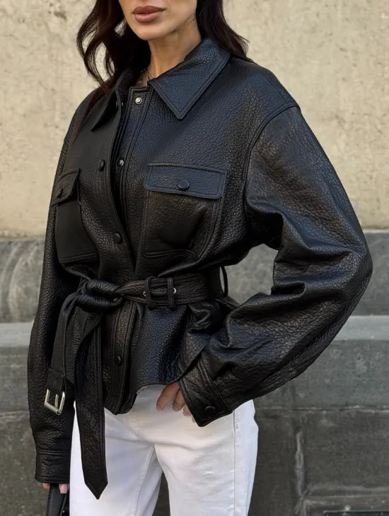 Красивая черная кожаная куртка - рубашка из кожи Joomba
