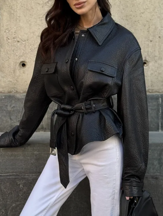 Красивая черная кожаная куртка - рубашка из кожи Joomba