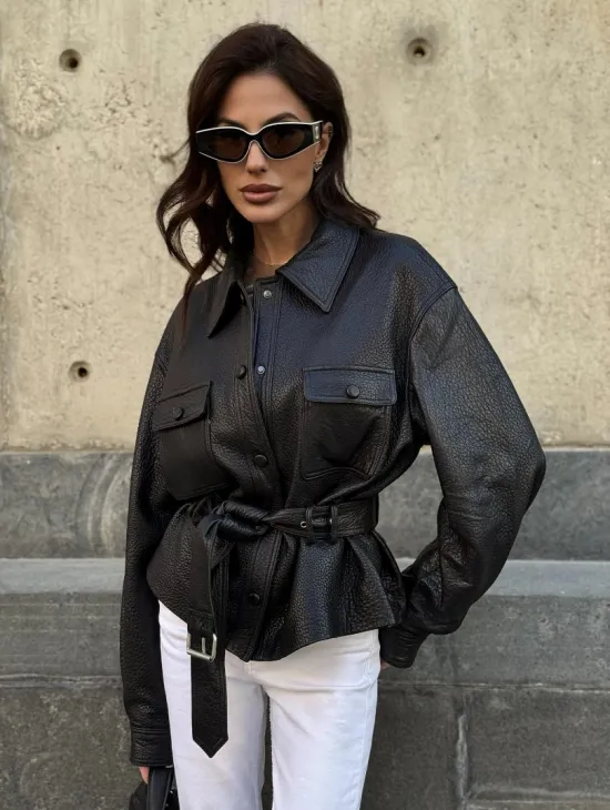 Красивая черная кожаная куртка - рубашка из кожи Joomba