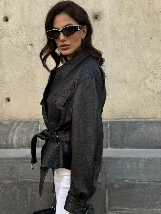 Красивая черная кожаная куртка - рубашка из кожи Joomba