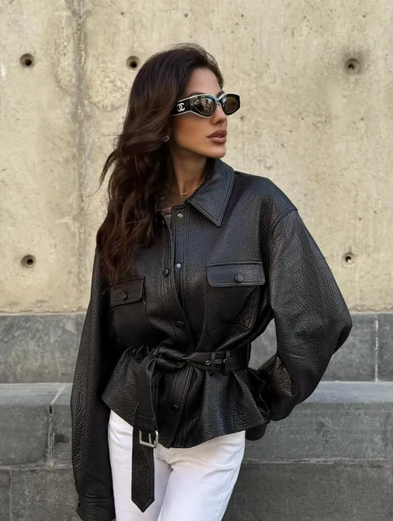 Красивая черная кожаная куртка - рубашка из кожи Joomba