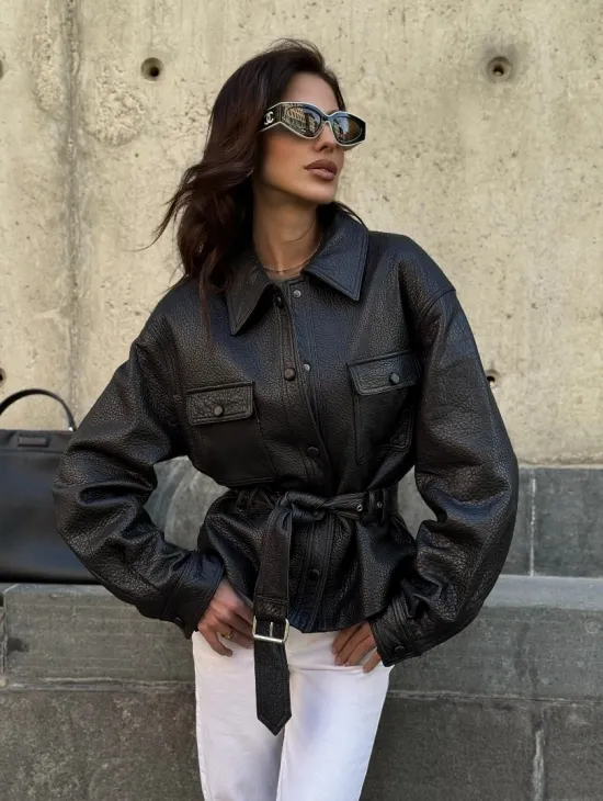 Красивая черная кожаная куртка - рубашка из кожи Joomba