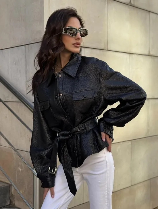 Красивая черная кожаная куртка - рубашка из кожи Joomba