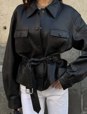 Красивая черная кожаная куртка - рубашка из кожи Joomba