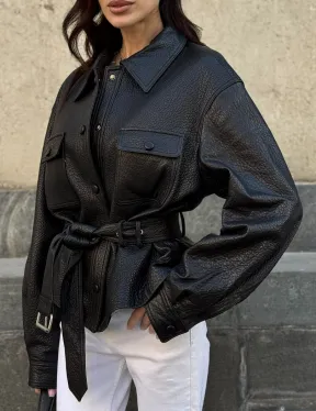 Красивая черная кожаная куртка - рубашка из кожи Joomba