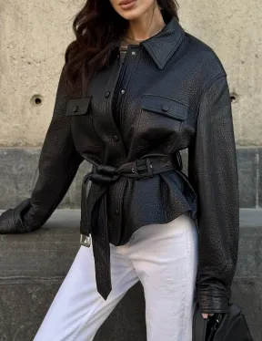 Красивая черная кожаная куртка - рубашка из кожи Joomba