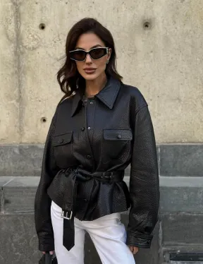 Красивая черная кожаная куртка - рубашка из кожи Joomba