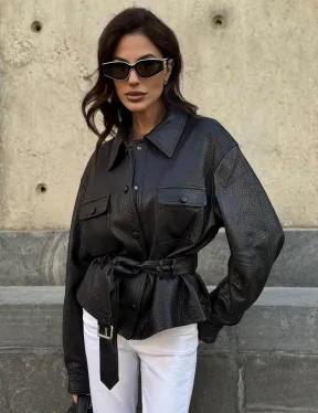 Красивая черная кожаная куртка - рубашка из кожи Joomba