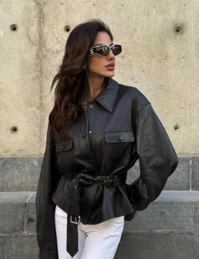 Красивая черная кожаная куртка - рубашка из кожи Joomba