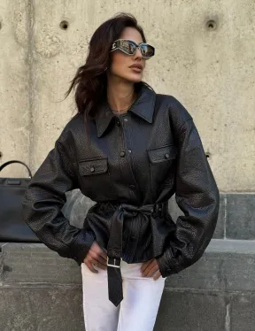 Красивая черная кожаная куртка - рубашка из кожи Joomba