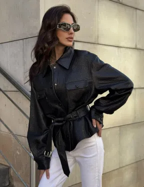 Красивая черная кожаная куртка - рубашка из кожи Joomba