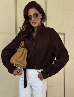 Кроп - бомбер из плетеной замшевой кожи в цвете шоколад