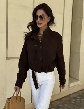 Кроп - бомбер из плетеной замшевой кожи в цвете шоколад