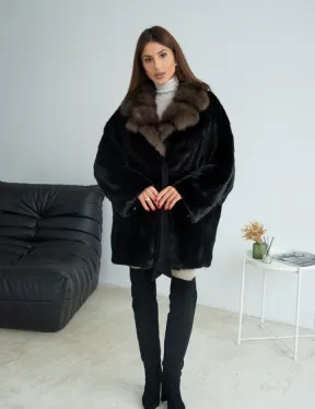 Черная норковая шуба c воротником из меха куницы