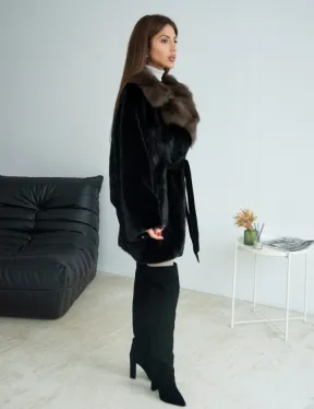 Черная норковая шуба c воротником из меха куницы