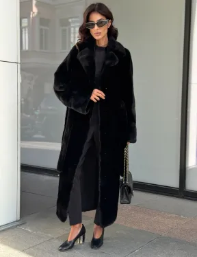 Удлиненная черная шуба с поясом из скандинавской норки
