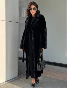Удлиненная черная шуба с поясом из скандинавской норки