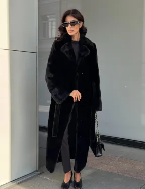 Удлиненная черная шуба с поясом из скандинавской норки