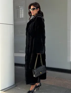 Удлиненная черная шуба с поясом из скандинавской норки