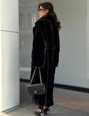 Удлиненная черная шуба с поясом из скандинавской норки