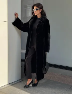 Удлиненная черная шуба с поясом из скандинавской норки