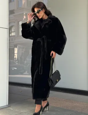 Удлиненная черная шуба с поясом из скандинавской норки