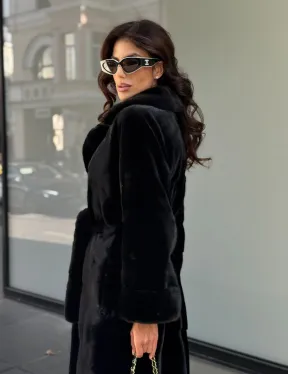 Удлиненная черная шуба с поясом из скандинавской норки