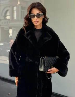 Удлиненная черная шуба с поясом из скандинавской норки