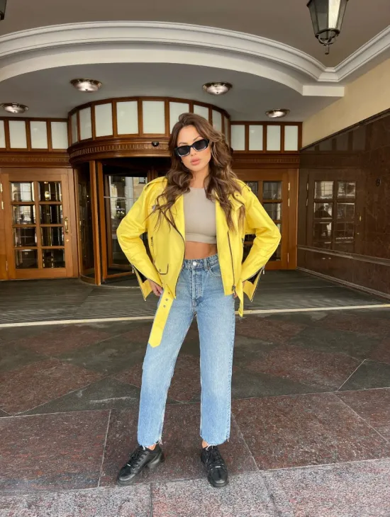 Желтая косуха из натуральной кожи