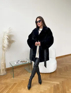 Полушубок из плюшевой норки с английским воротником - цвет инфинити