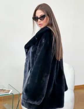 Полушубок из плюшевой норки с английским воротником - цвет инфинити