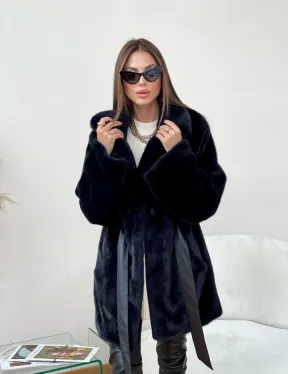 Полушубок из плюшевой норки с английским воротником - цвет инфинити