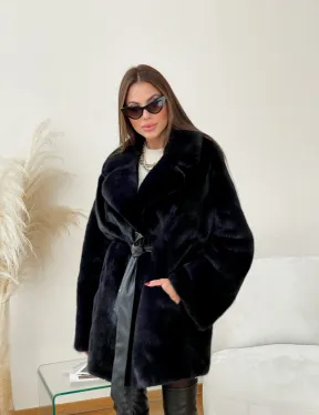 Полушубок из плюшевой норки с английским воротником - цвет инфинити