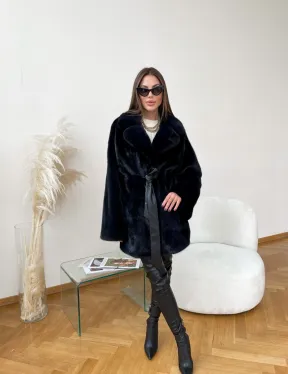 Полушубок из плюшевой норки с английским воротником - цвет инфинити