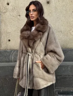 Полушубок норковый с воротником из куницы - фасон летучая мышь