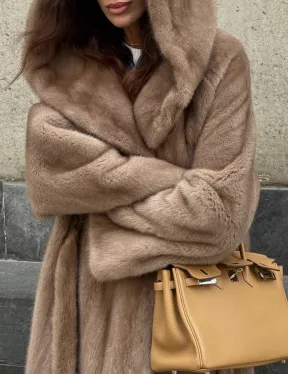 Длинная норковая шуба Pastel с капюшоном кобра