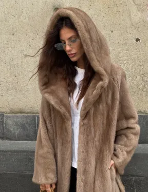 Длинная норковая шуба Pastel с капюшоном кобра