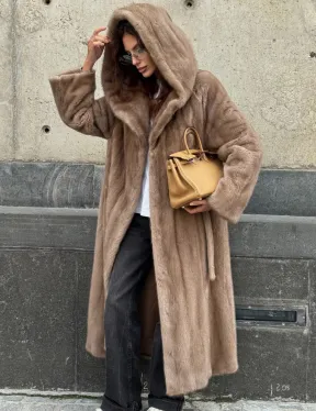 Длинная норковая шуба Pastel с капюшоном кобра