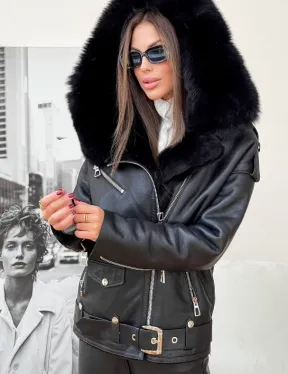 Дубленка авиатор из натуральной овчины с капюшоном