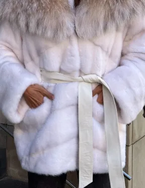 Норковая шуба с мехом рыси - белая