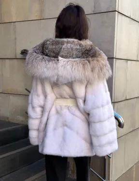 Норковая шуба с мехом рыси - белая