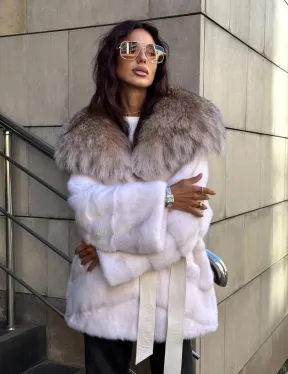 Норковая шуба с мехом рыси - белая