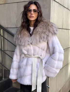 Норковая шуба с мехом рыси - белая