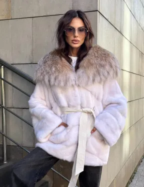 Норковая шуба с мехом рыси - белая